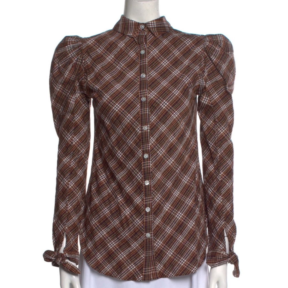 Plaid Print Mock Neck Button-Up Top